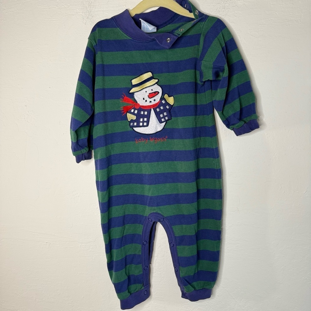 Baby B'Gosh Snowman Winter One Piece Blue and Green Striped Size 18 Months